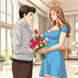 Anime style depiction of a young man presenting a bouquet of roses mixed with tulips to his 39-year-old stepmother