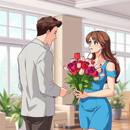 Anime style depiction of a young man presenting a bouquet of roses mixed with tulips to his 39-year-old stepmother