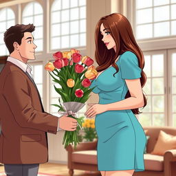 Anime style depiction of a young man presenting a bouquet of roses mixed with tulips to his 39-year-old stepmother