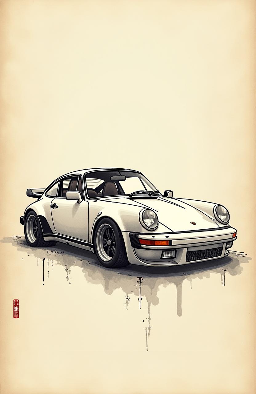 A beautifully detailed ink drawing of a Porsche 911, elegantly rendered on traditional Chinese parchment