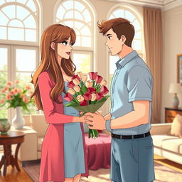 Anime style scene depicting a young man gifting a bouquet of roses and tulips to his 39-year-old stepmother