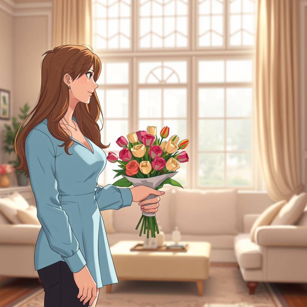 Anime style scene depicting a young man gifting a bouquet of roses and tulips to his 39-year-old stepmother