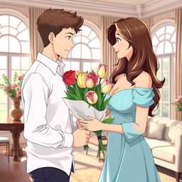 Anime style scene depicting a young man gifting a bouquet of roses and tulips to his 39-year-old stepmother