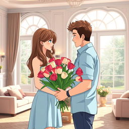 Anime style scene depicting a young man gifting a bouquet of roses and tulips to his 39-year-old stepmother