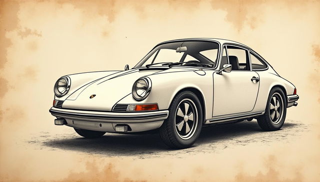 A hand-drawn black and white image of a Porsche 911 in a calligraphy style, skillfully executed on an aged ancient Chinese scroll