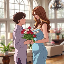 Anime style portrayal of a young man giving a bouquet of roses and tulips to his 39-year-old stepmother