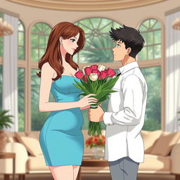 Anime style portrayal of a young man giving a bouquet of roses and tulips to his 39-year-old stepmother