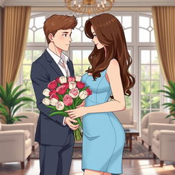 Anime style portrayal of a young man giving a bouquet of roses and tulips to his 39-year-old stepmother