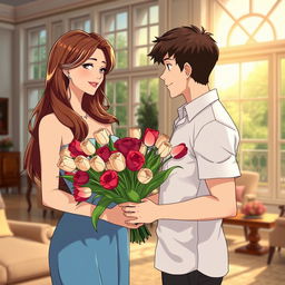 Anime style portrayal of a young man giving a bouquet of roses and tulips to his 39-year-old stepmother