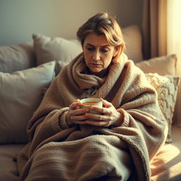 A person who initially appears weak, sitting alone with a weary expression, but eventually finds comfort as they are wrapped in a warm, cozy blanket with a steaming cup of herbal tea in their hands