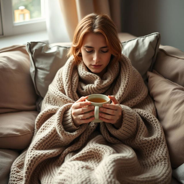 A person who initially appears weak, sitting alone with a weary expression, but eventually finds comfort as they are wrapped in a warm, cozy blanket with a steaming cup of herbal tea in their hands