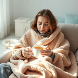 A person who initially appears weak, sitting alone with a weary expression, but eventually finds comfort as they are wrapped in a warm, cozy blanket with a steaming cup of herbal tea in their hands