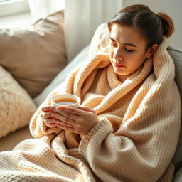 A person who initially appears weak, sitting alone with a weary expression, but eventually finds comfort as they are wrapped in a warm, cozy blanket with a steaming cup of herbal tea in their hands