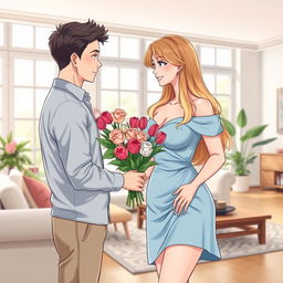 Anime illustration featuring a young man gifting a bouquet of roses and tulips to his glamorous 39-year-old stepmother