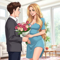 Anime illustration featuring a young man gifting a bouquet of roses and tulips to his glamorous 39-year-old stepmother