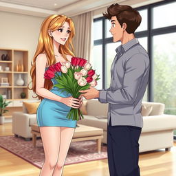 Anime illustration featuring a young man gifting a bouquet of roses and tulips to his glamorous 39-year-old stepmother