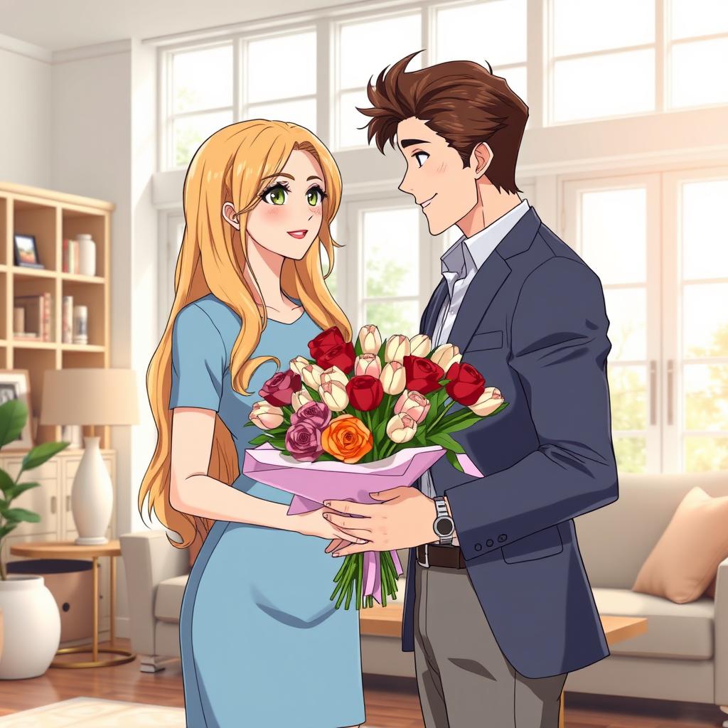 Anime illustration featuring a young man gifting a bouquet of roses and tulips to his glamorous 39-year-old stepmother