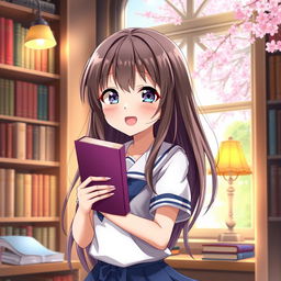 Anime girl holding a book, cute and joyful expression