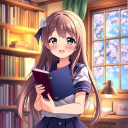 Anime girl holding a book, cute and joyful expression