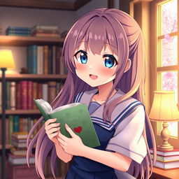 Anime girl holding a book, cute and joyful expression