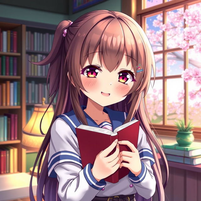 Anime girl holding a book, cute and joyful expression