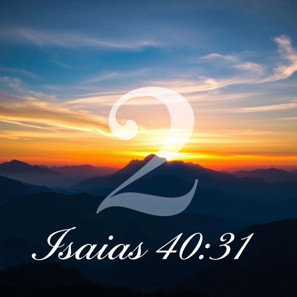 A large, elegant number 2 prominently centered in the image, with 'Isaias 40:31' written in graceful script beneath it