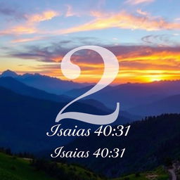 A large, elegant number 2 prominently centered in the image, with 'Isaias 40:31' written in graceful script beneath it