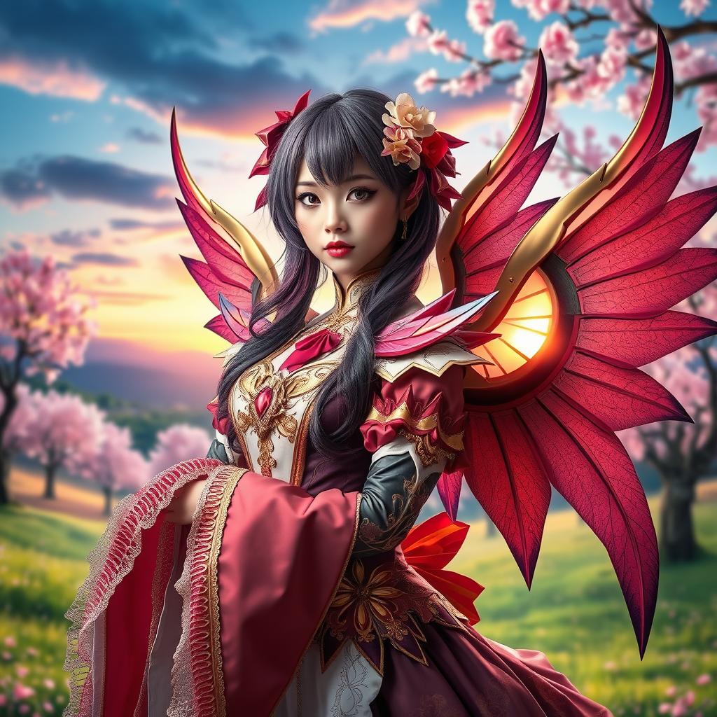 A beautiful model dressed in elaborate anime-inspired cosplay featuring intricate details and vibrant colors