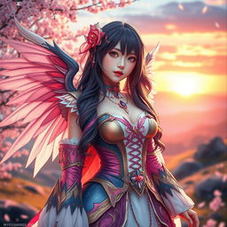 A beautiful model dressed in elaborate anime-inspired cosplay featuring intricate details and vibrant colors