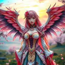 A beautiful model dressed in elaborate anime-inspired cosplay featuring intricate details and vibrant colors