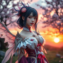 A beautiful model dressed in elaborate anime-inspired cosplay featuring intricate details and vibrant colors