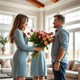 Realistic image of a young man presenting a bouquet of roses and tulips to his captivating 39-year-old stepmother