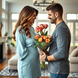 Realistic image of a young man presenting a bouquet of roses and tulips to his captivating 39-year-old stepmother