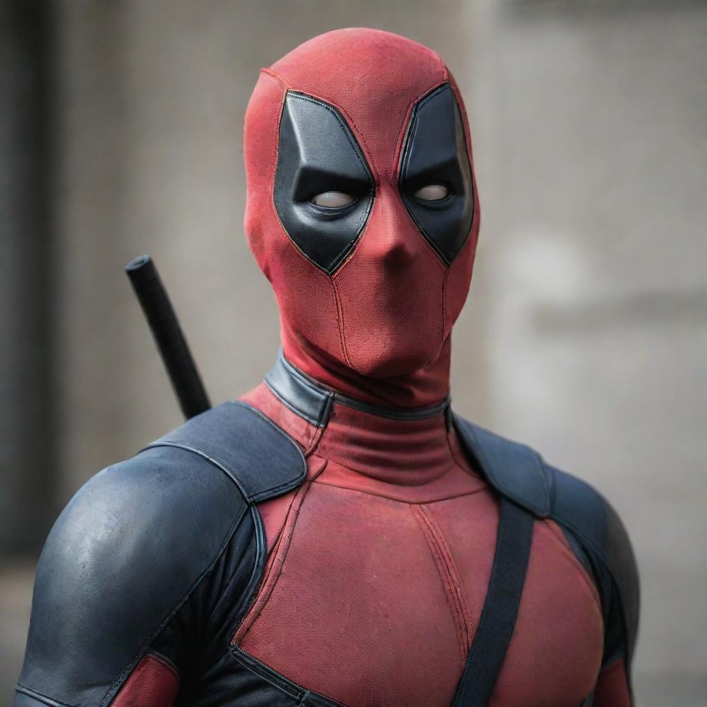 A clever crow with vivid features of the Deadpool character, dressed in the iconic red and black suit and mask, striking a humorous pose.