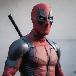 A clever crow with vivid features of the Deadpool character, dressed in the iconic red and black suit and mask, striking a humorous pose.