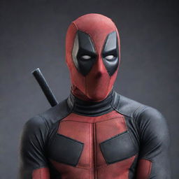 A clever crow with vivid features of the Deadpool character, dressed in the iconic red and black suit and mask, striking a humorous pose.