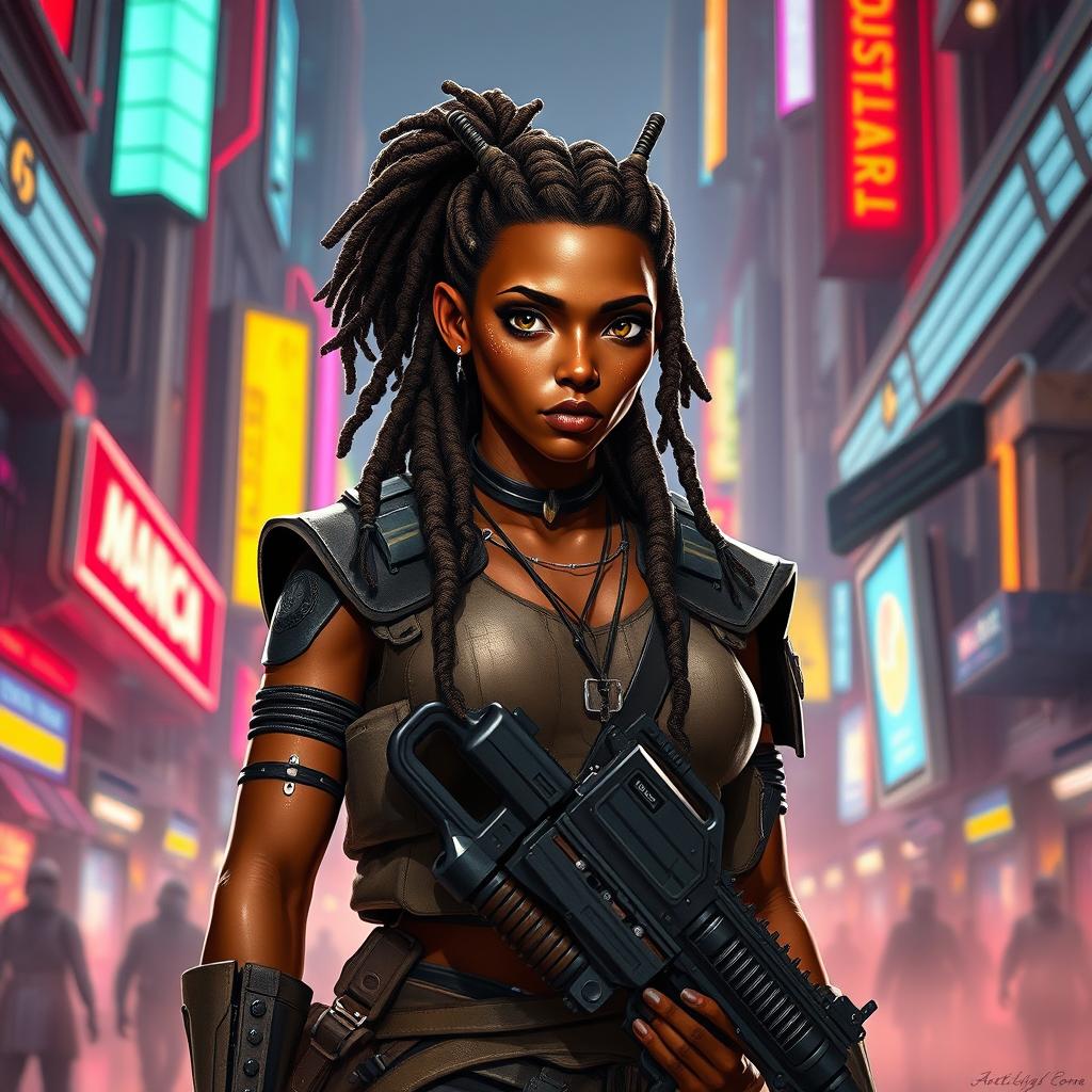 A female Balosar bounty hunter from Star Wars, featuring brown skin, eye-catching dreadlocks, and distinctive antennas