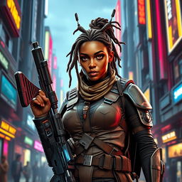 A female Balosar bounty hunter from Star Wars, featuring brown skin, eye-catching dreadlocks, and distinctive antennas