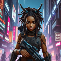 A female Balosar bounty hunter from Star Wars, featuring brown skin, eye-catching dreadlocks, and distinctive antennas