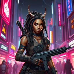 A female Balosar bounty hunter from Star Wars, featuring brown skin, eye-catching dreadlocks, and distinctive antennas