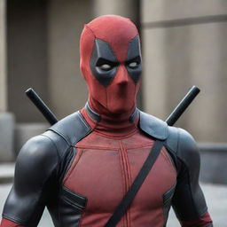 A clever crow with vivid features of the Deadpool character, dressed in the iconic red and black suit and mask, striking a humorous pose.