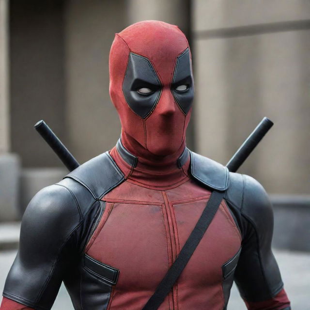 A clever crow with vivid features of the Deadpool character, dressed in the iconic red and black suit and mask, striking a humorous pose.