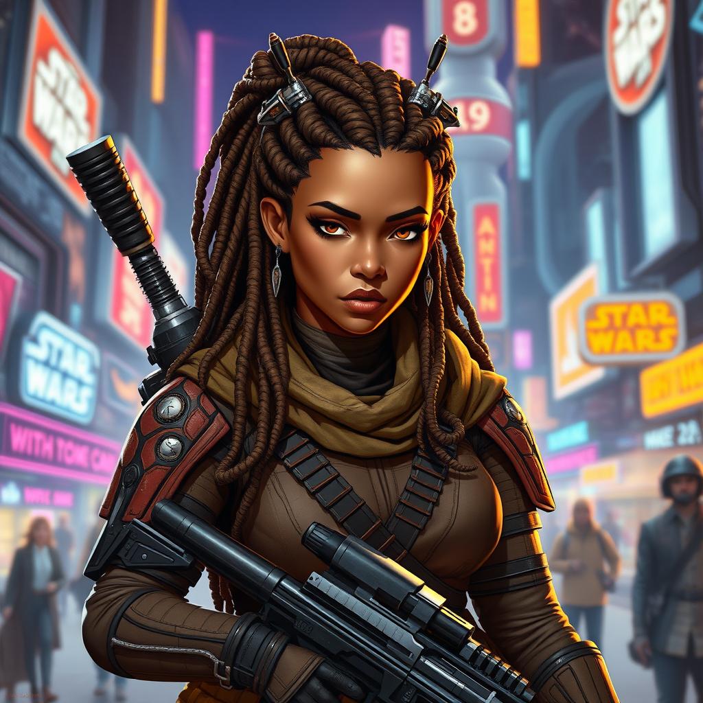 A female Balosar bounty hunter from Star Wars, characterized by her brown skin, intricate dreadlocks, and prominent Balosar antennas