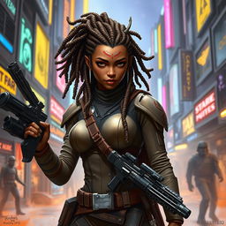 A female Balosar bounty hunter from Star Wars, characterized by her brown skin, intricate dreadlocks, and prominent Balosar antennas