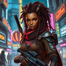 A female Balosar bounty hunter from Star Wars, characterized by her brown skin, intricate dreadlocks, and prominent Balosar antennas