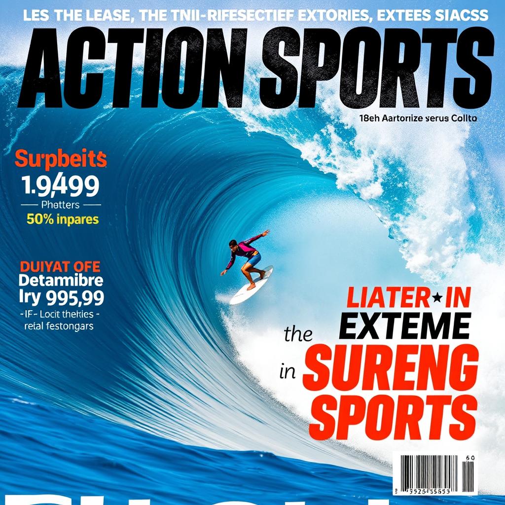 A dynamic and thrilling action sports magazine cover featuring a surfer skillfully riding a massive, towering wave