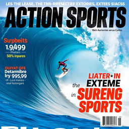 A dynamic and thrilling action sports magazine cover featuring a surfer skillfully riding a massive, towering wave