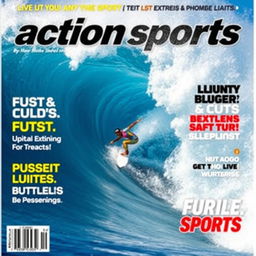 A dynamic and thrilling action sports magazine cover featuring a surfer skillfully riding a massive, towering wave