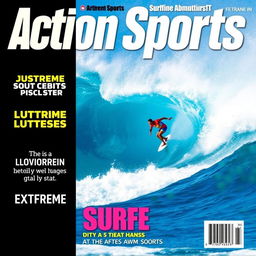 A dynamic and thrilling action sports magazine cover featuring a surfer skillfully riding a massive, towering wave