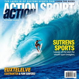 A dynamic and thrilling action sports magazine cover featuring a surfer skillfully riding a massive, towering wave